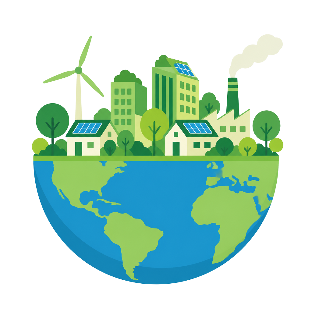 Illustration of a half globe topped by a green city with solar panels, a wind turbine and trees